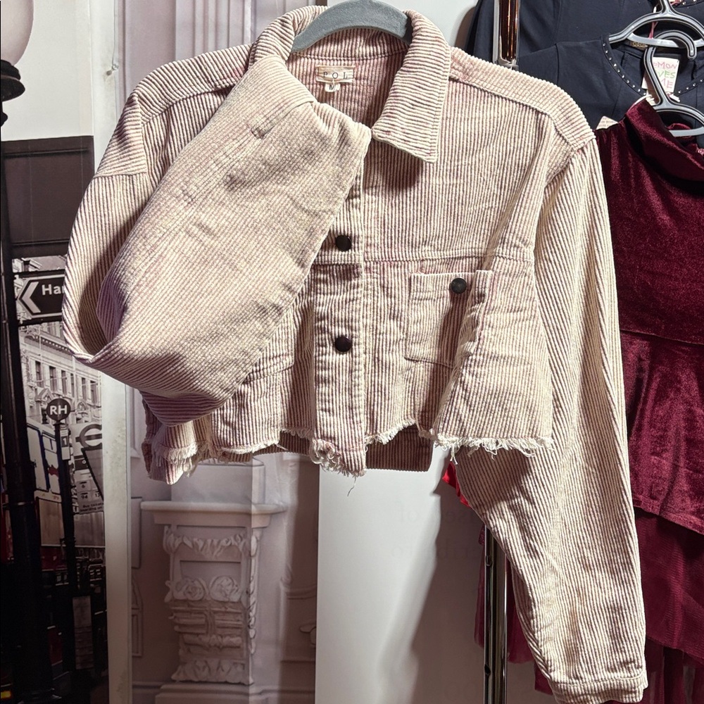 Distressed Corduroy Crop Denim Jacket- powder, Rose